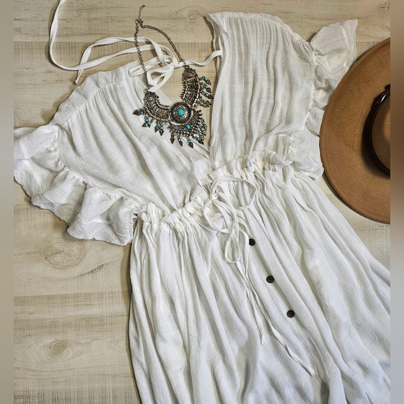 New Boho Flowy Plunge Maxi Gauze Cover Up Dress Summer White - Picture 11 of 15